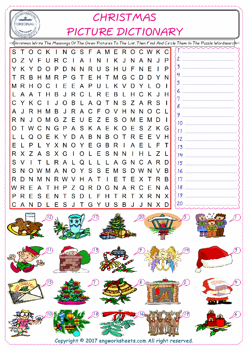  For kids, check the picture of Christmas find, and write the word and find it in the word puzzle ESL printable worksheet. 